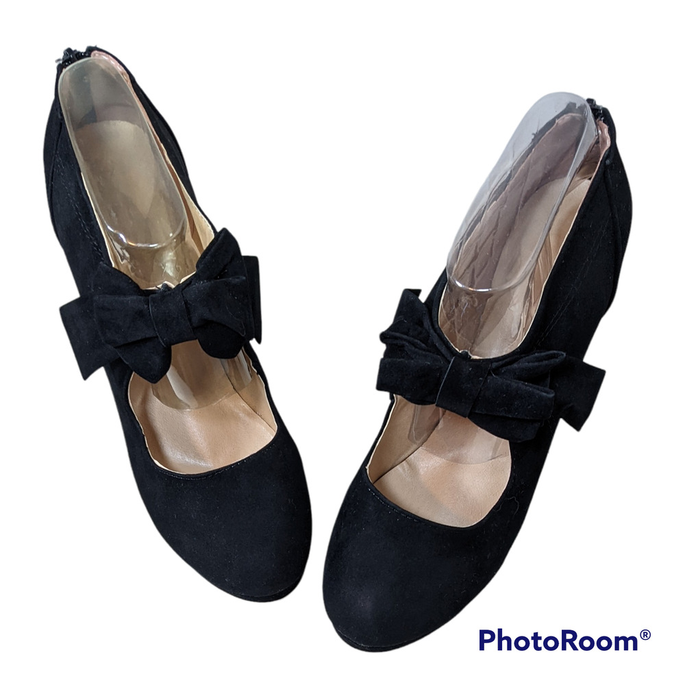 Retro 40s 50s Black Suede Bow Pumps Heels Women's Size 12 NEW